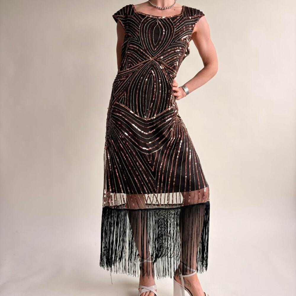 Art Deco Black & Gold Flapper Dress - Great Gatsby Style - M